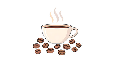 A steaming cup of hot coffee with rising steam, surrounded by roasted coffee beans on a plain white background.