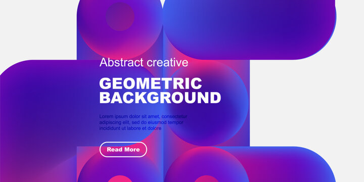 Vibrant geometric shapes overlap black backdrop. Text promotes creative background design, includes call to action button.
