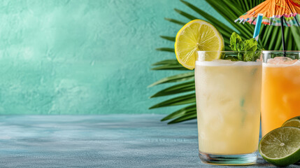 Fototapeta premium Refreshing tropical cocktails with vibrant colors and garnishes create lively atmosphere