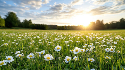 Bright flower meadow with daisies under golden sunset sky, creating serene atmosphere