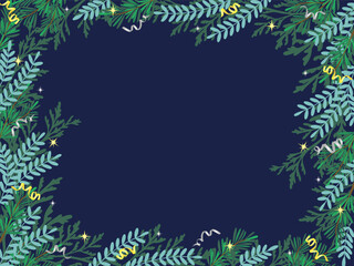 Vector illustration of a festive frame made from fir branches, adorned with stars and ribbons on a dark background. Perfect for holiday-themed designs, invitations, and greeting cards.