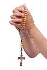 Woman praying rosary with folded hands, Hands in prayer with a rosary with a cross. Praying hands united for pray to God. isolated on transparent or white background