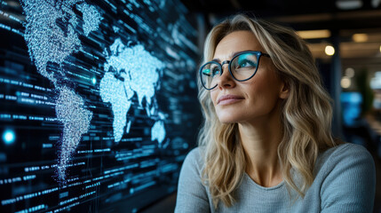 Innovative woman contemplating global data visualization with digital map