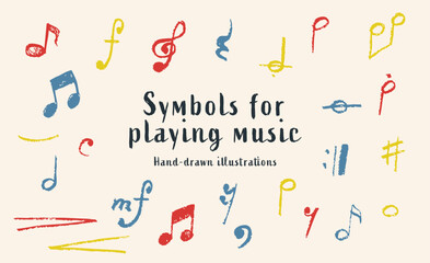 手描き風カラフル音楽記号イラストセット　赤・青・黄の手描き風で描かれた音符や記号を集めた音楽デザイン素材　音楽教育、学習教材、ポスターや背景デザイン
