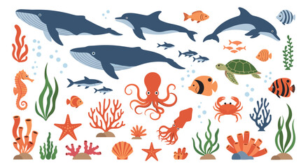 A vibrant collection of pixel art marine life including whales dolphins turtles fish and octopuses along with coral reefs and seaweed.