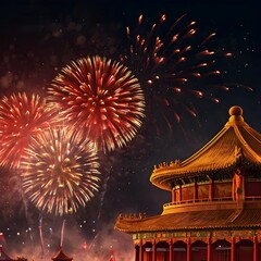 Red and gold fireworks above Beijing’s Tiananmen Square at night, Chinese flags waving, festive crowd silhouettes, glowing lanterns in the sky, celebration atmosphere,Generative Ai
