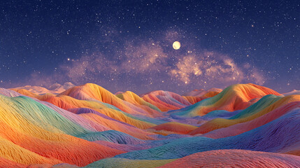 Surreal alien landscape with colorful rolling hills under a starry sky