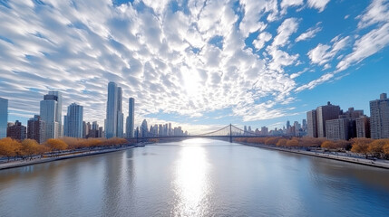 Fototapeta premium Bright skyline view with clouds reflecting river, showcasing urban architecture and nature