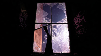 Fearful broken window in abandoned building with cracked glass and graffiti background at night creating eerie moody scene