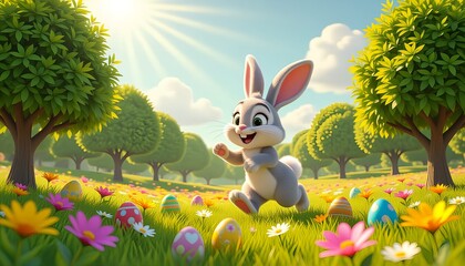 Playful Easter Bunny Hiding Colorful Eggs in a Flower Meadow Behind the Trees