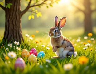 Playful Easter Bunny Hiding Colorful Eggs in a Flower Meadow Behind the Trees