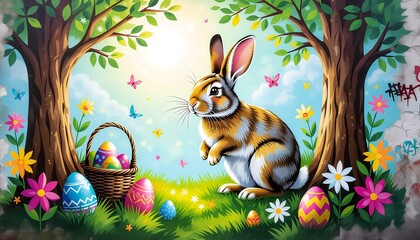 Playful Easter Bunny Hiding Colorful Eggs in a Flower Meadow Behind the Trees