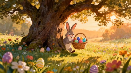 Playful Easter Bunny Hiding Colorful Eggs in a Flower Meadow Behind the Trees