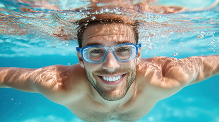 Naklejka premium Smiling man swimming underwater with clear blue water and bubbles, enjoying moment