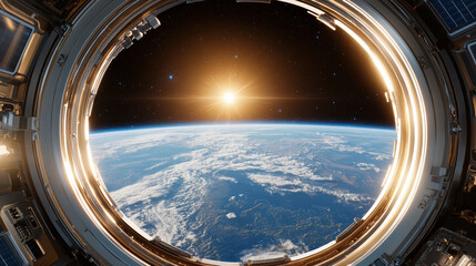 Fototapeta premium Stunning view of Earth from space station window, showcasing sun rising over horizon