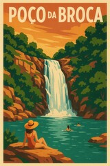 Vibrant artwork of Poço da Broca waterfall in Portugal with people swimming and relaxing on rocks near the lush forest cliffs under a warm orange sky at sunset