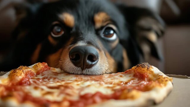 On a cozy afternoon, a playful puppy with curious eyes is fixated on a tempting slice of cheese pizza resting on a box. Its expression radiates mischief and longing, perfectly capturing the moment.