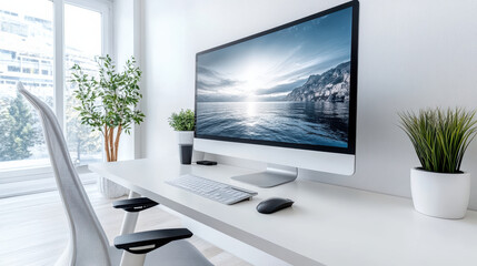 Fototapeta premium Minimalist workstation with large ultrawide monitor and plants