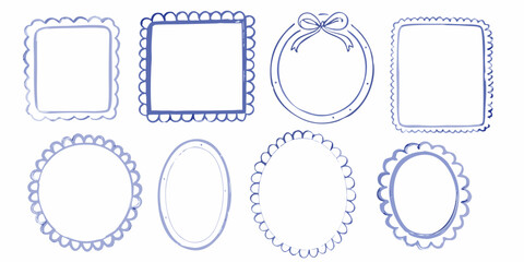 Collection of hand drawn blue watercolor frames and borders with scalloped edges and a bow