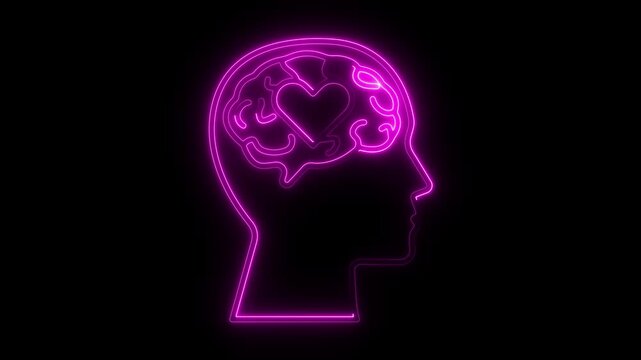 Emotional intelligence. Mind heart love. Mental wellness art. Pink neon brain. Human head profile. Positive thinking. Self care concept. Psychology icon. Empathy symbol. Love in mind.
