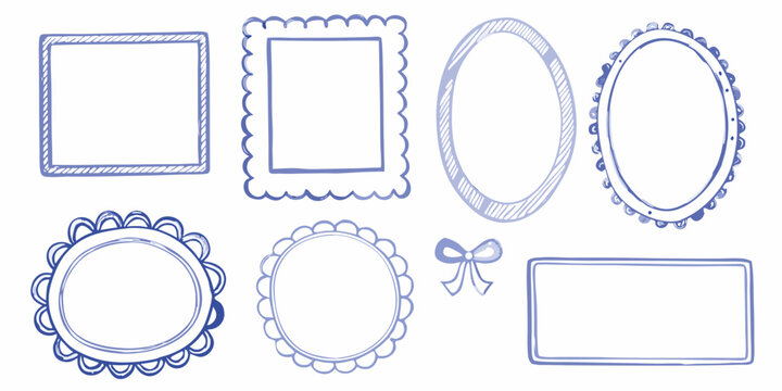 Collection of hand drawn blue watercolor frames and borders with a small bow accent