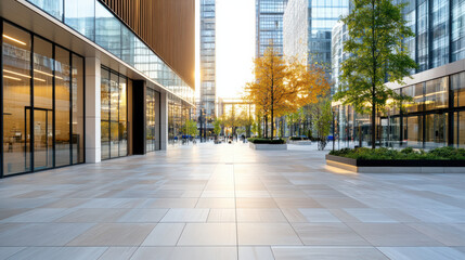 Modern city square with futuristic buildings, wide pedestrian area, and vibrant trees