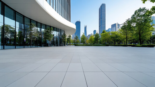 Modern city square with futuristic buildings, wide pedestrian area, and lush greenery