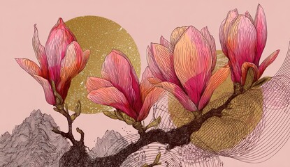 Artistic illustration of blooming pink magnolias on a branch with gold accents and a soft pink background
