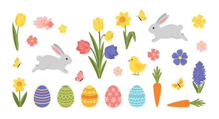 A delightful collection of charming easter elements including cute bunnies and colorful eggs.