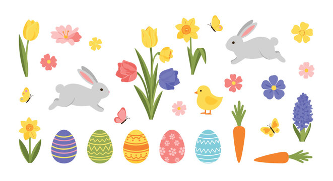 A delightful collection of charming easter elements including cute bunnies and colorful eggs.