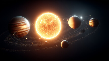 Solar system illustration with glowing sun surrounded by planets and asteroid belt in outer space, cosmic science background of astronomy and planetary orbits 