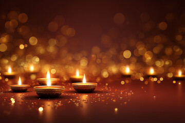 Elegant festive Diwali background with golden bokeh lights, subtle glowing diyas scattered, warm gradient from deep orange to red