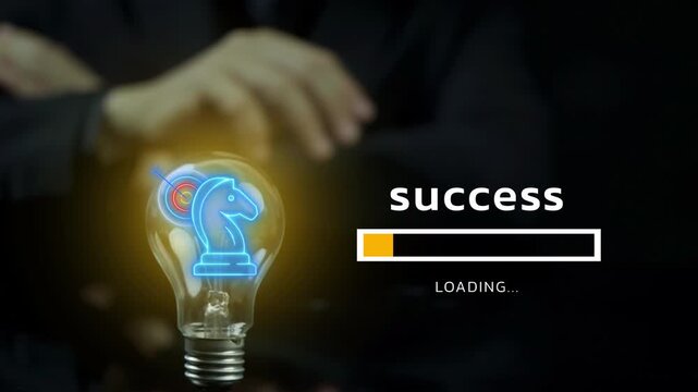 A light bulb with a knight chess piece and a target icon, alongside a success loading bar. Represents strategic thinking, business progress and achieving goals.
