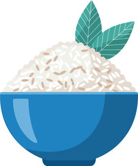 Blue bowl full of fluffy white rice topped with fresh green mint leaves vector