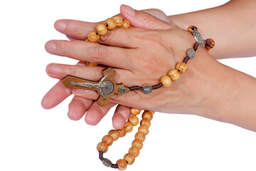 Woman praying rosary with folded hands, Hands in prayer with a rosary with a cross. Praying hands united for pray to God. isolated on transparent or white background