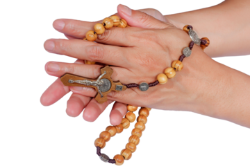 Woman praying rosary with folded hands, Hands in prayer with a rosary with a cross. Praying hands united for pray to God. isolated on transparent or white background