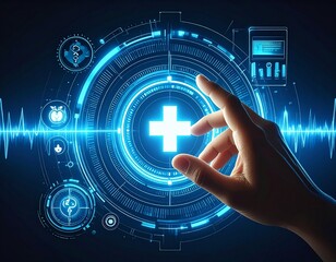 Futuristic Digital Health Interface with Hand Touching Medical Technology Display