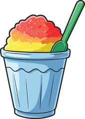 Colorful snow cone shaved ice dessert in blue cup with green spoon, rainbow syrup flavors, refreshing summer treat, vibrant illustration, sweet cold drink, tropical snack
