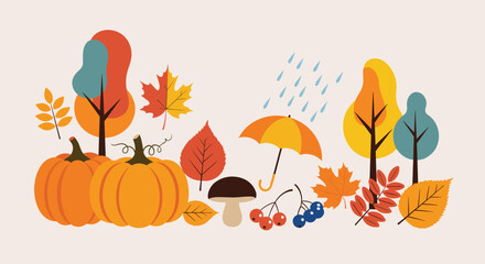 A charming collection of autumn elements including pumpkins leaves and an umbrella.