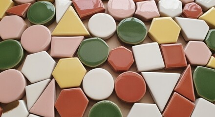 Fototapeta premium An array of glossy colorful ceramic shapes arranged in a dense overlapping pattern showcasing geometric variety