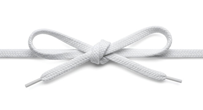 White shoelace tied in a bow knot, isolated on a clean white background for footwear and fashion concepts