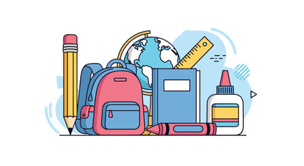 An illustrated arrangement of essential school supplies and learning tools on a white background.