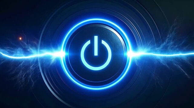 Glowing Power Button with Electric Energy and Blue Light.