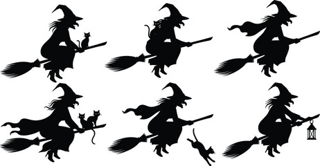 Flying witch silhouettes on broomstick with black cats, spooky lanterns, and Halloween night atmosphere for horror gothic vector illustration