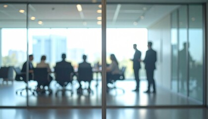 Group of businesspeople negotiating gathered in modern conference room, blurred silhouettes view, closed glass doors. 