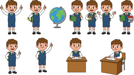 Cartoon schoolboy character illustration, student with books, globe, desk, learning activities, education poses, studying, reading, writing, pointing, classroom design, children clipart, vector art