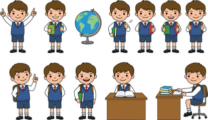 Cartoon schoolboy character set, student in uniform, reading book, writing at desk, holding backpack, globe study, classroom education, learning poses, children illustration, vector