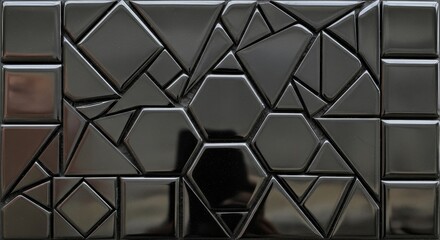 Black mosaic tiles featuring squares triangles and hexagons arranged in a glossy geometric pattern