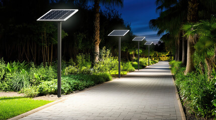 Obraz premium Solar powered street lights illuminate serene pathway surrounded by lush greenery at night