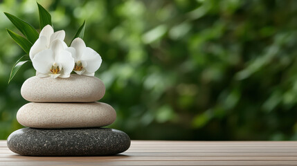 Fototapeta premium Serene spa still life with stacked stones, orchids, and lush greenery creates tranquil